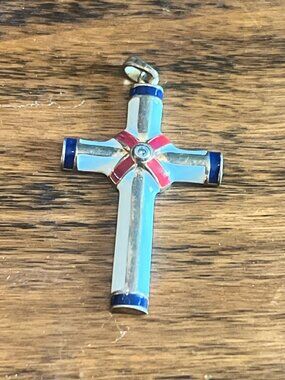Sterling Silver Cross Pendant 925 With Red White & Blue Enamel Design